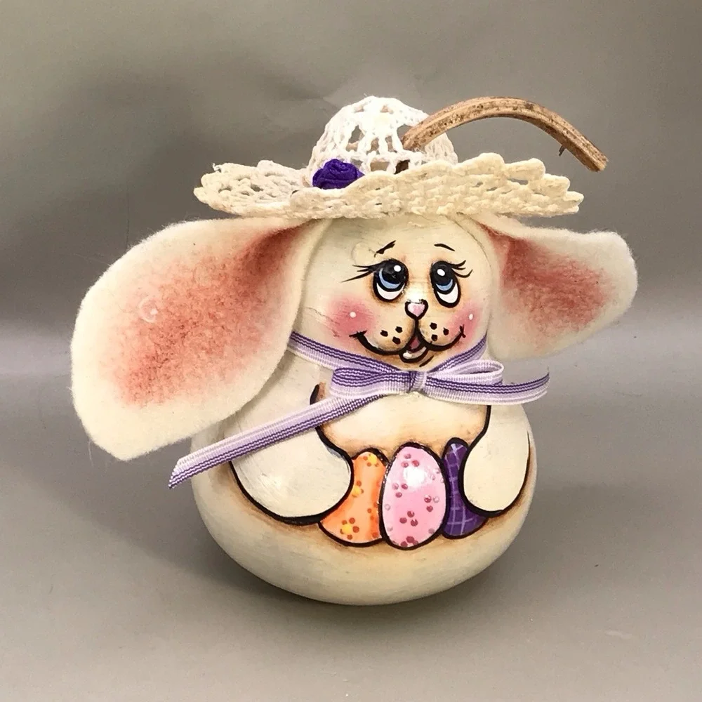 Painted Gourd Bunny Rabbit Felt Ears Signed